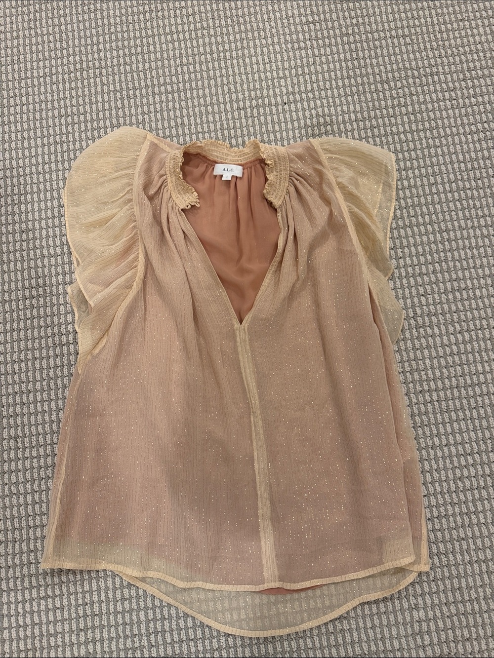 A.L.C. Sheer Shimmer Ruffle Sleeve Blouse - Champagne Gold